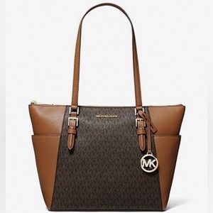 NWT Michael Kors Charlotte Large Top Zip Logo Print Leather Tote In Brown/Gold